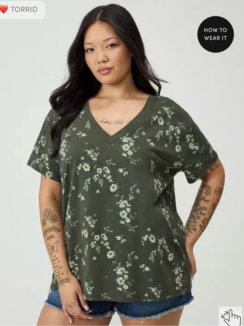 torrid Heritage Slub V-Neck Relaxed Tee Ditsy Rain Olive